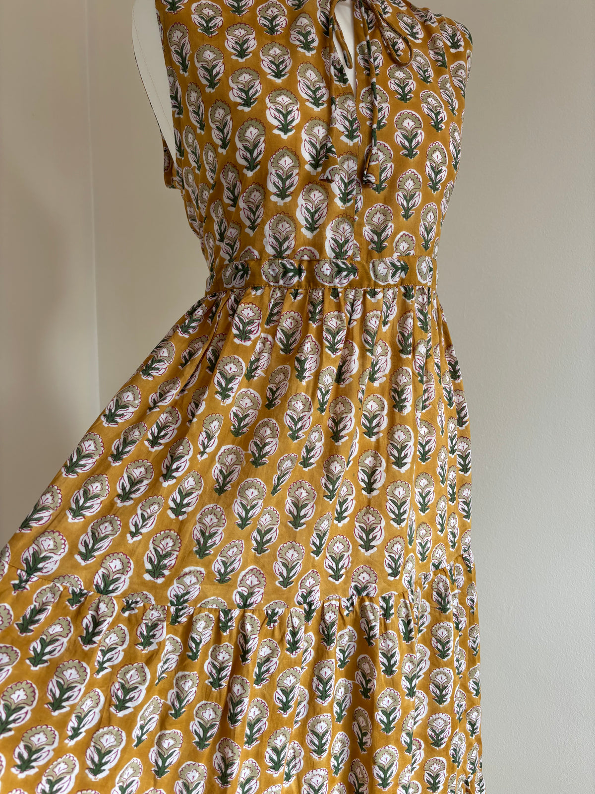 Poppy Sleeveless Block Print Cotton Dress in Mustard
