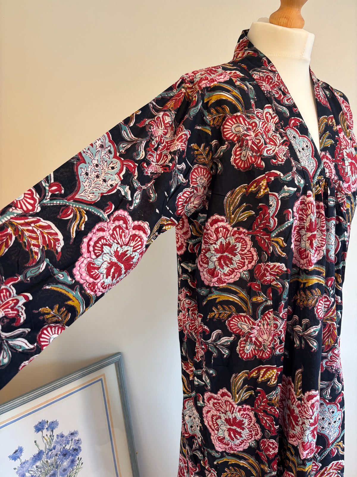 Rosie Block Print Cotton Dress in Red Florals