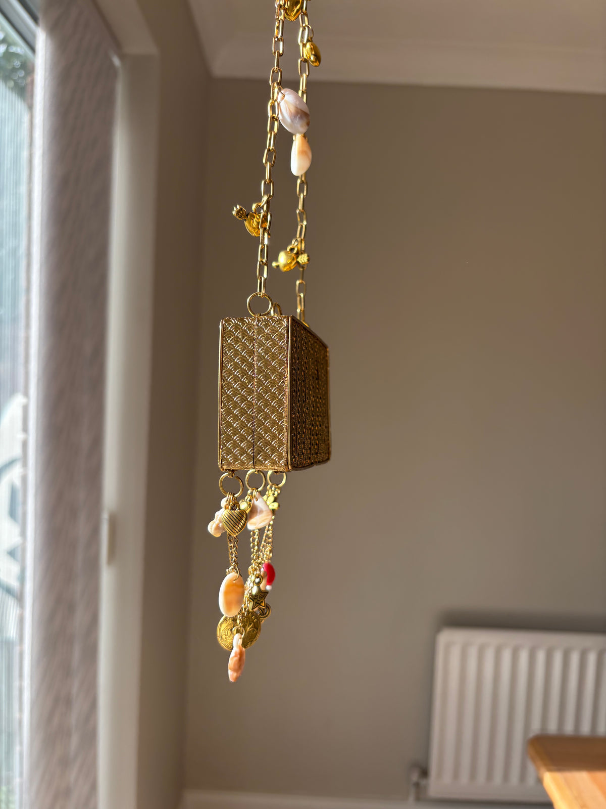 Beaded Charm Chain Minaudière | Statement Evening Bag with Coin & Shell Charms