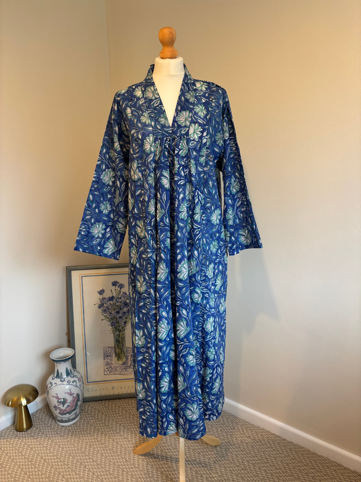 Rosie Block Print Cotton Dress in Blue Florals