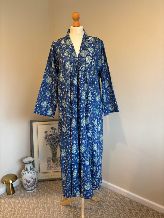 Rosie Block Print Cotton Dress in Blue Florals