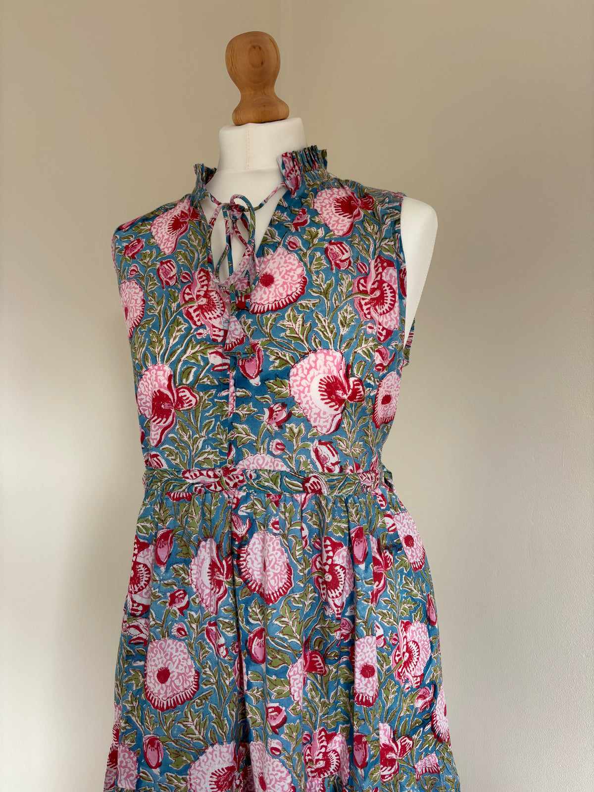 Poppy Sleeveless Block Print Cotton Dress in Florals
