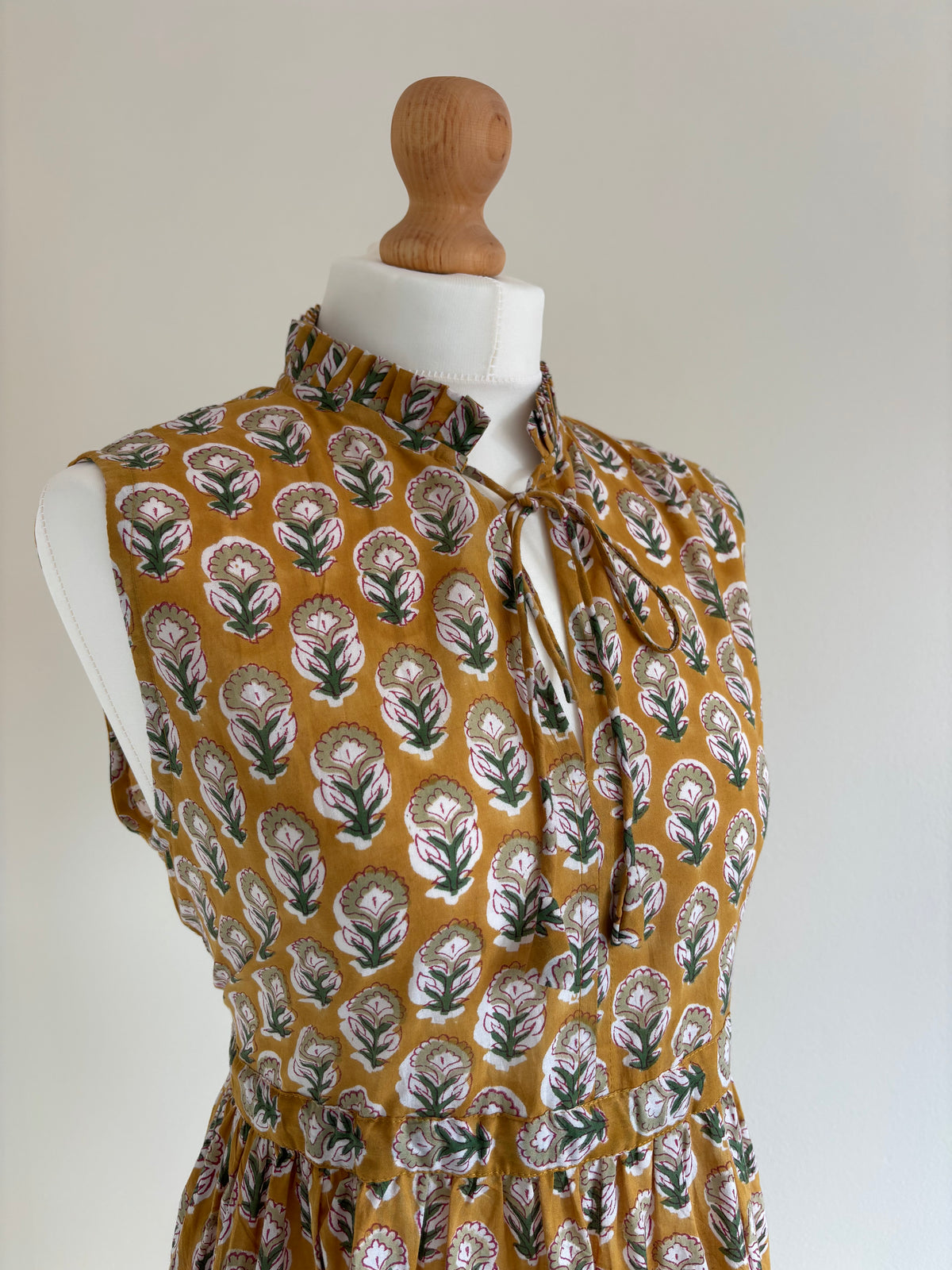 Poppy Sleeveless Block Print Cotton Dress in Mustard