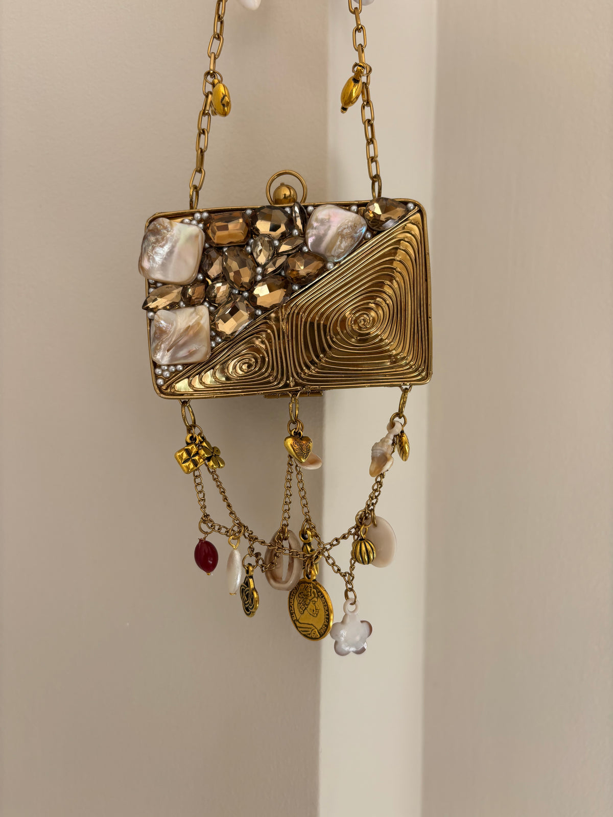 Beaded Charm Chain Minaudière | Statement Evening Bag with Coin & Shell Charms