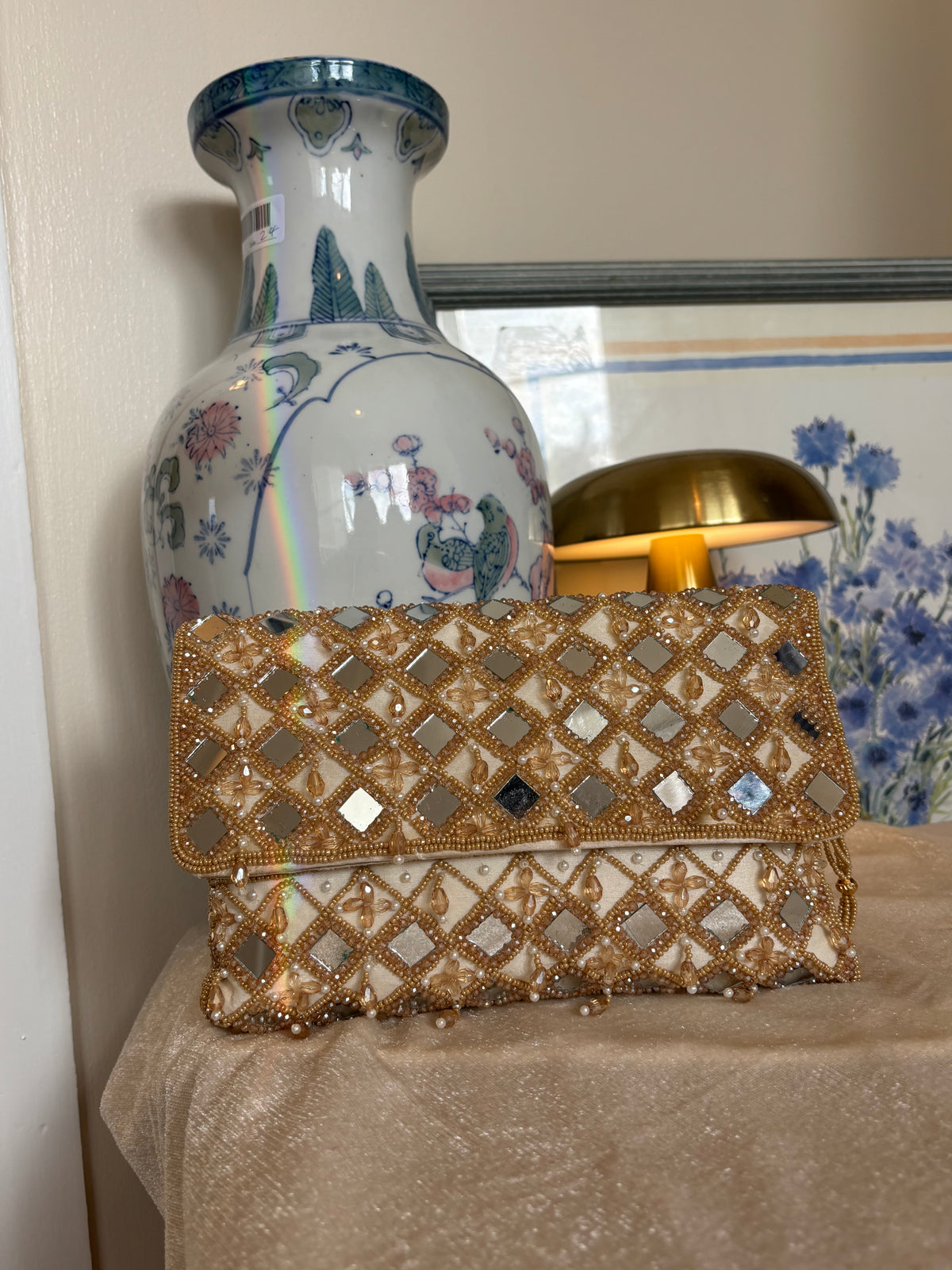 Hand Beaded Mirror Work Clutch Bag