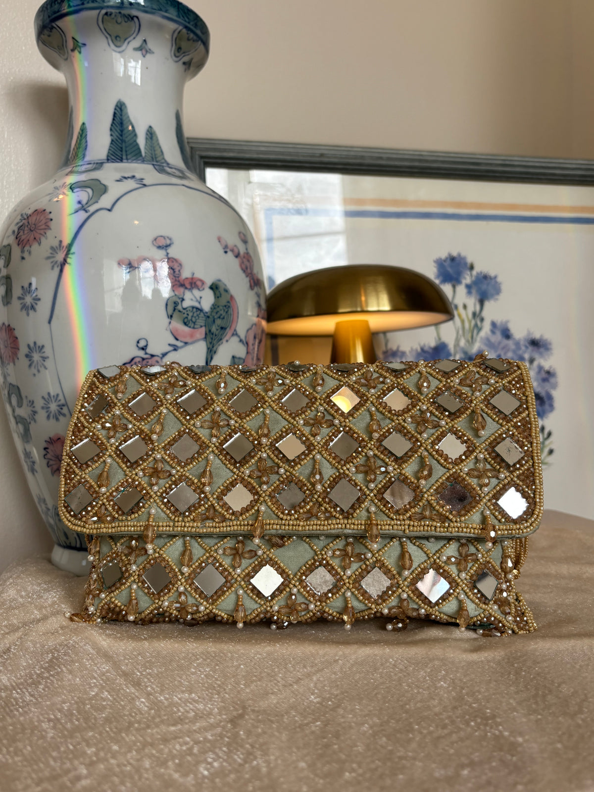 Hand Beaded Mirror Work Clutch Bag