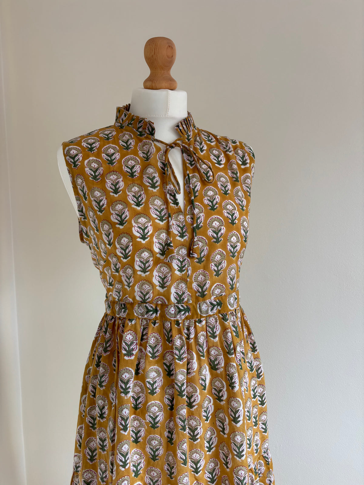 Poppy Sleeveless Block Print Cotton Dress in Mustard