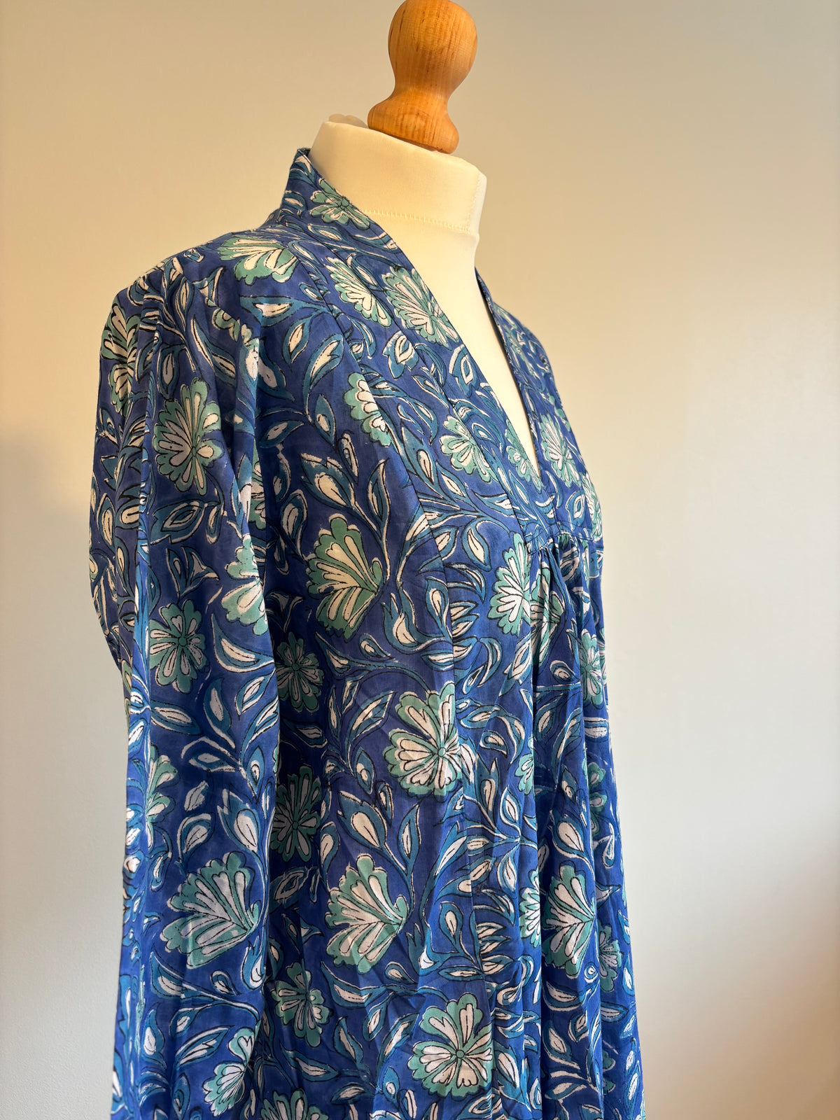 Rosie Block Print Cotton Dress in Blue Florals