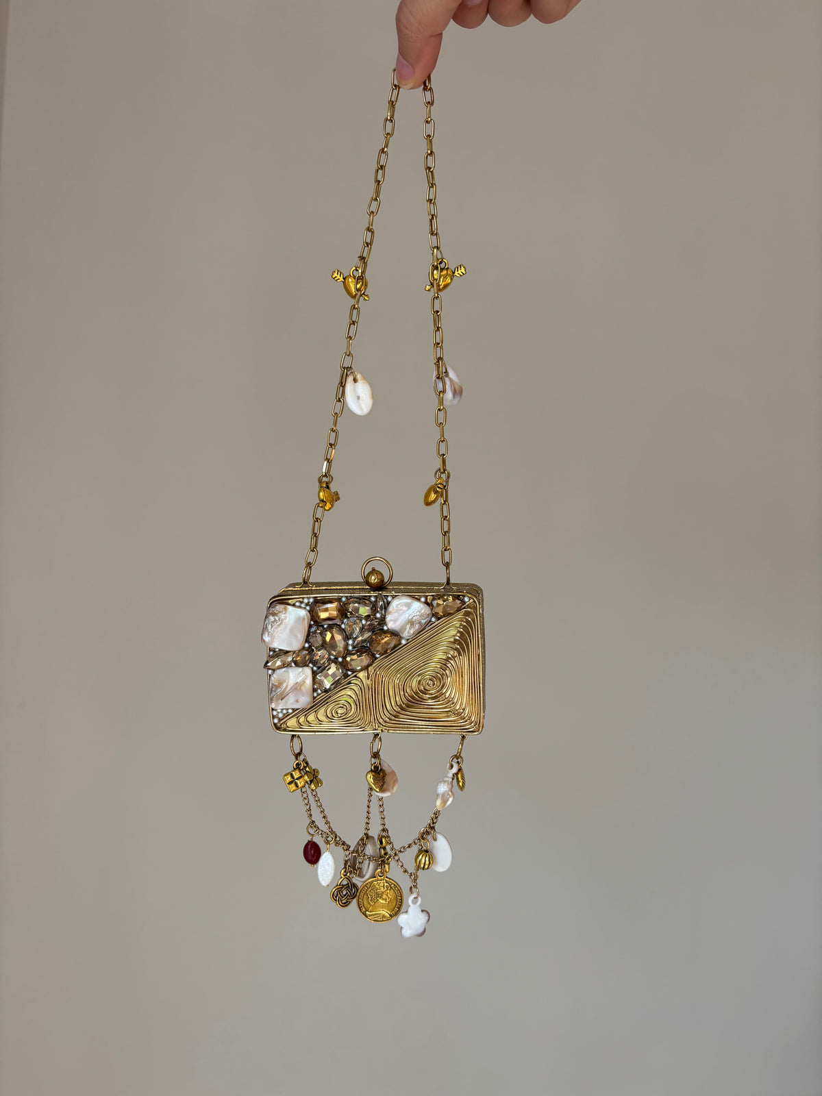 Beaded Charm Chain Minaudière | Statement Evening Bag with Coin & Shell Charms