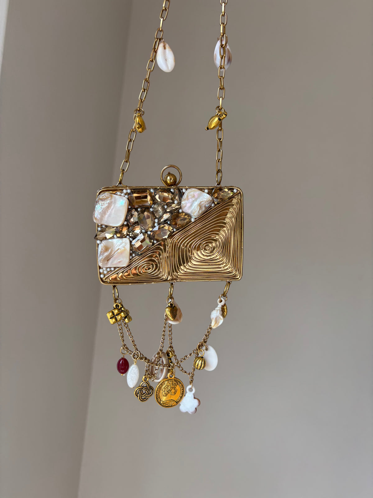 Beaded Charm Chain Minaudière | Statement Evening Bag with Coin & Shell Charms