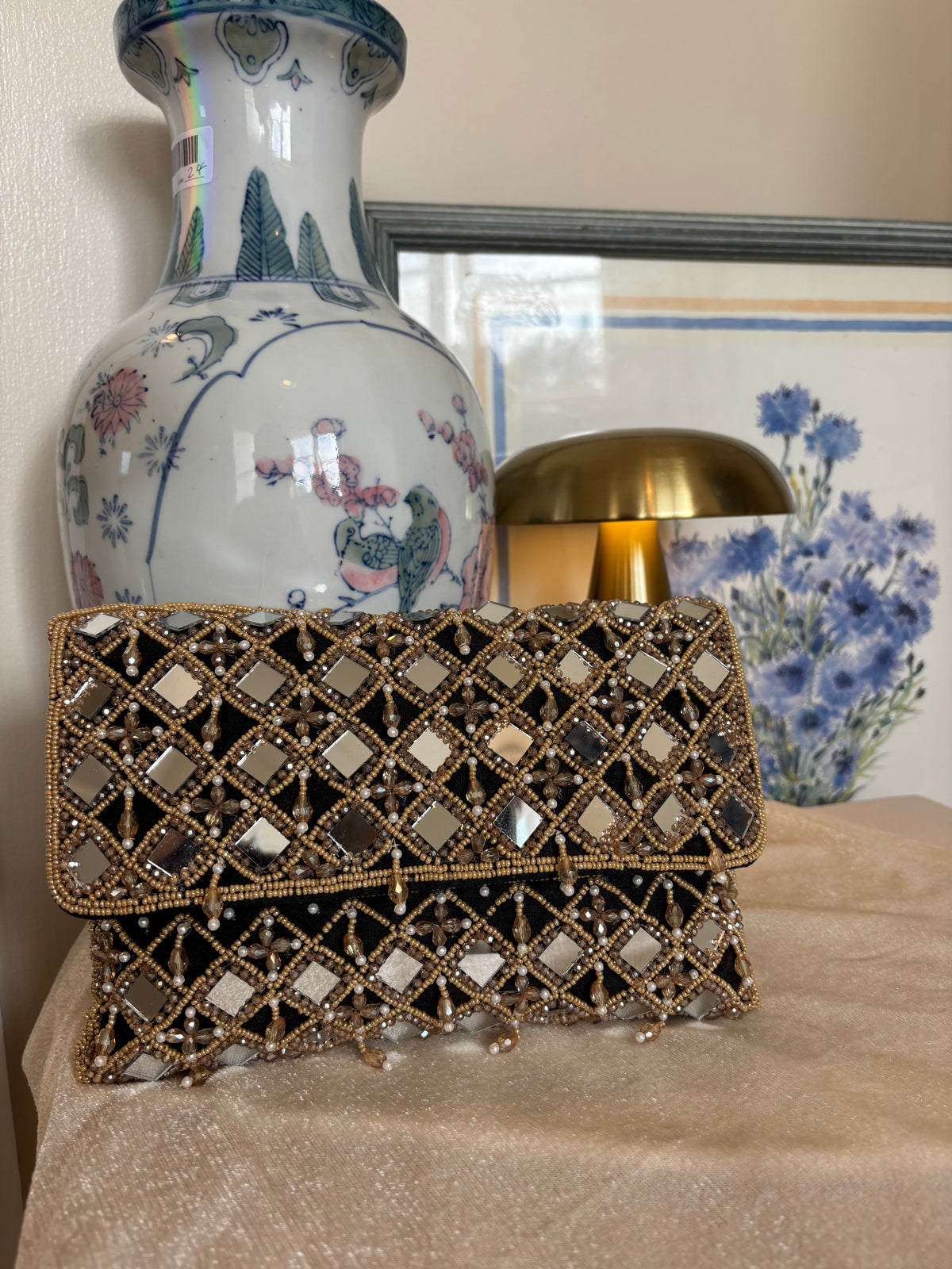 Hand Beaded Mirror Work Clutch Bag