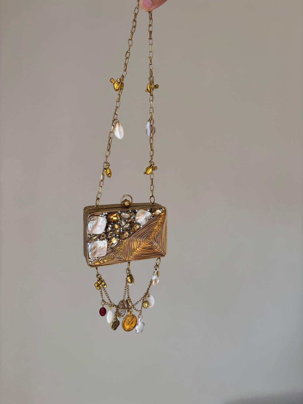 Beaded Charm Chain Minaudière | Statement Evening Bag with Coin & Shell Charms