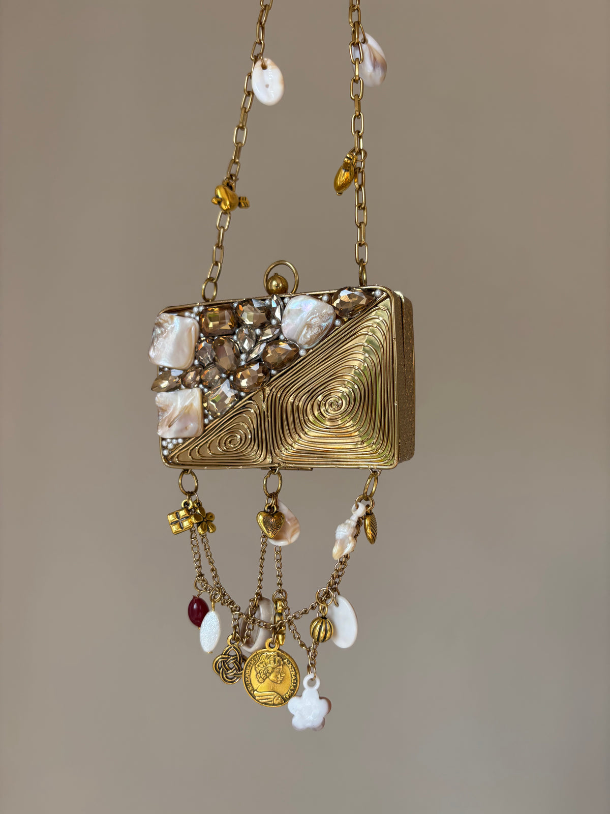 Beaded Charm Chain Minaudière | Statement Evening Bag with Coin & Shell Charms