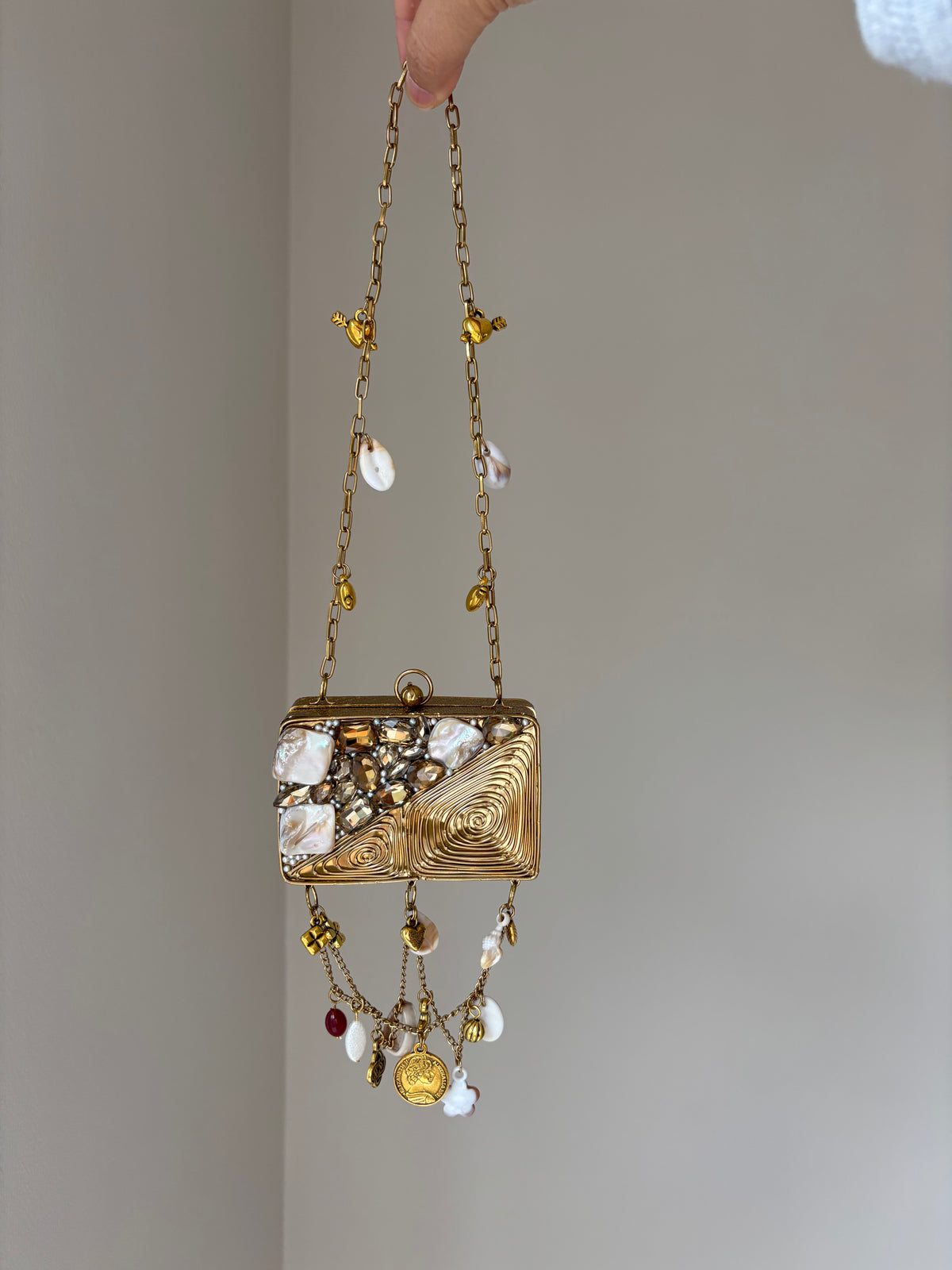Beaded Charm Chain Minaudière | Statement Evening Bag with Coin & Shell Charms