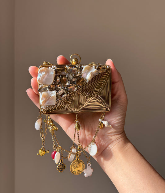 Beaded Charm Chain Minaudière | Statement Evening Bag with Coin & Shell Charms