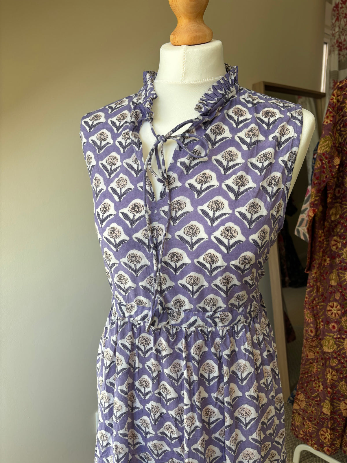 Poppy Sleeveless Block Print Cotton Dress in Lavender