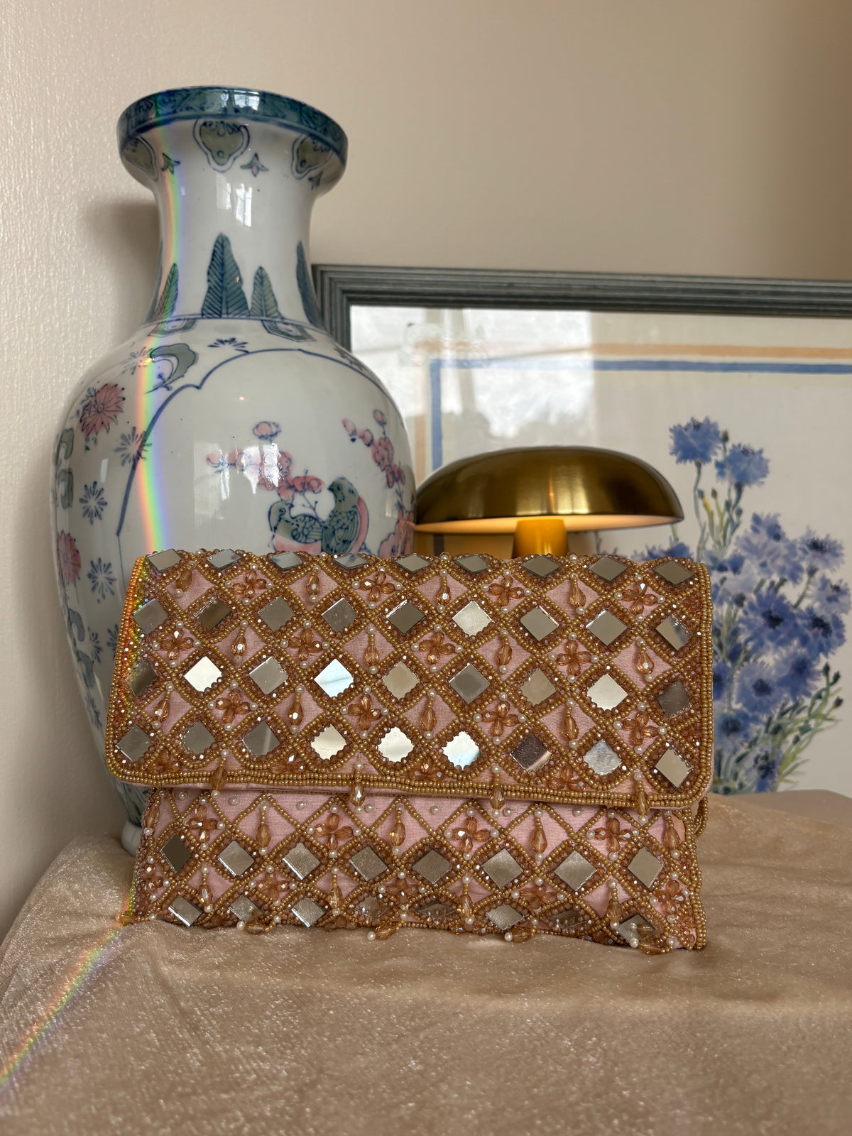 Hand Beaded Mirror Work Clutch Bag