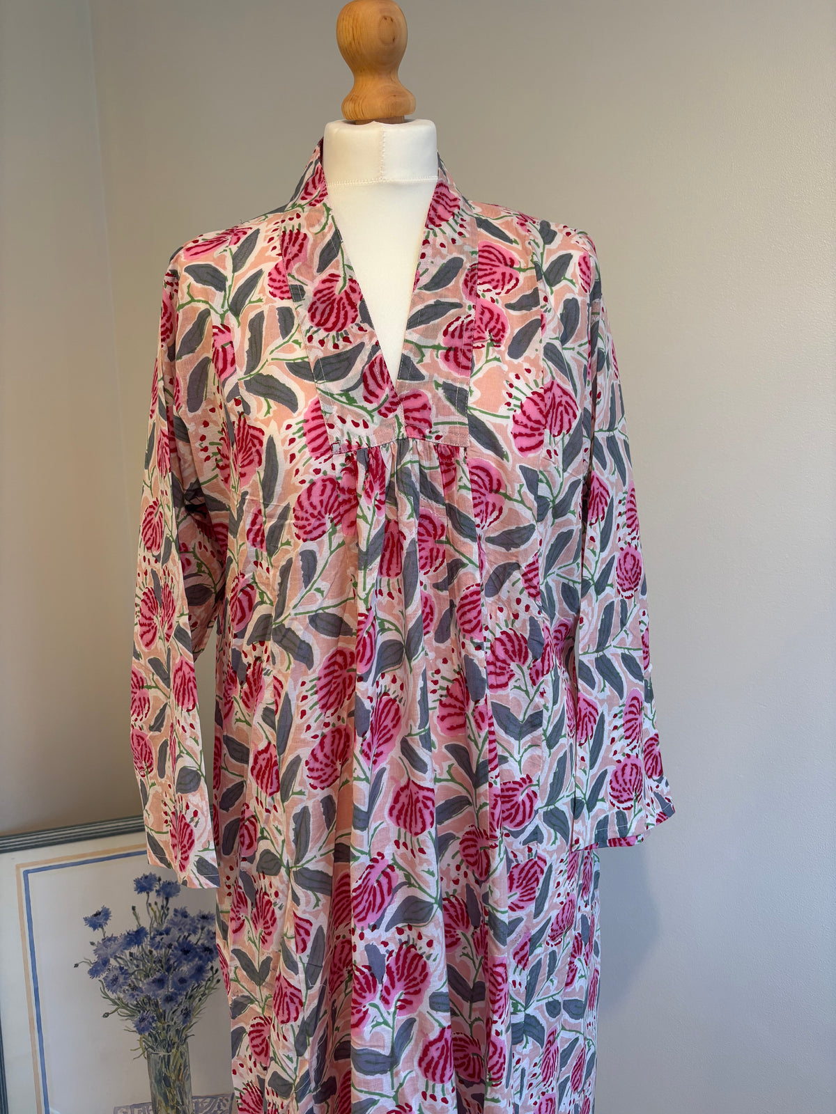 Rosie Block Print Cotton Dress in Peach