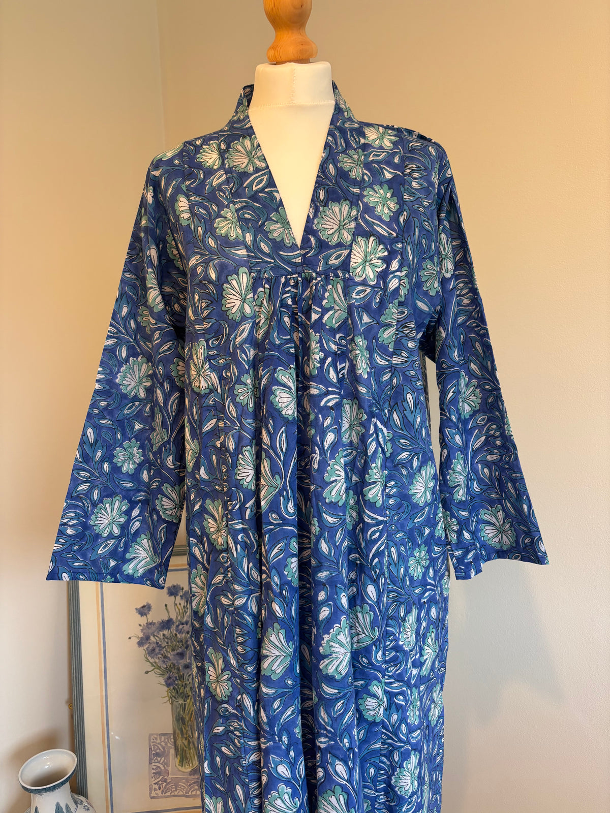 Rosie Block Print Cotton Dress in Blue Florals