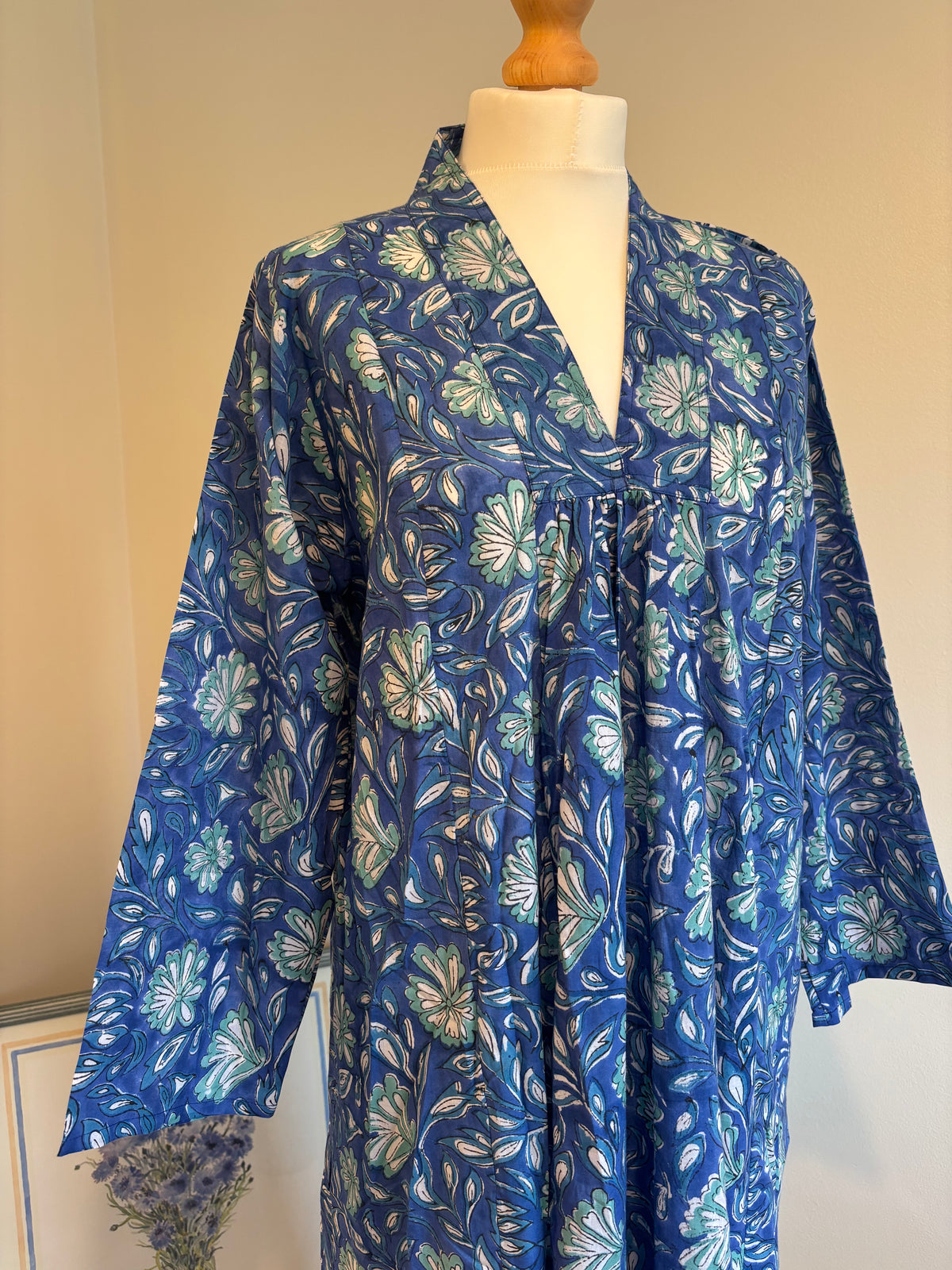 Rosie Block Print Cotton Dress in Blue Florals