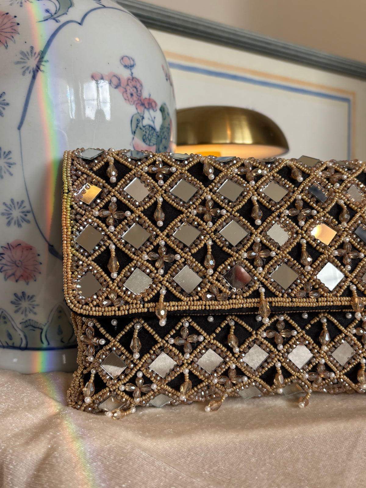 Hand Beaded Mirror Work Clutch Bag