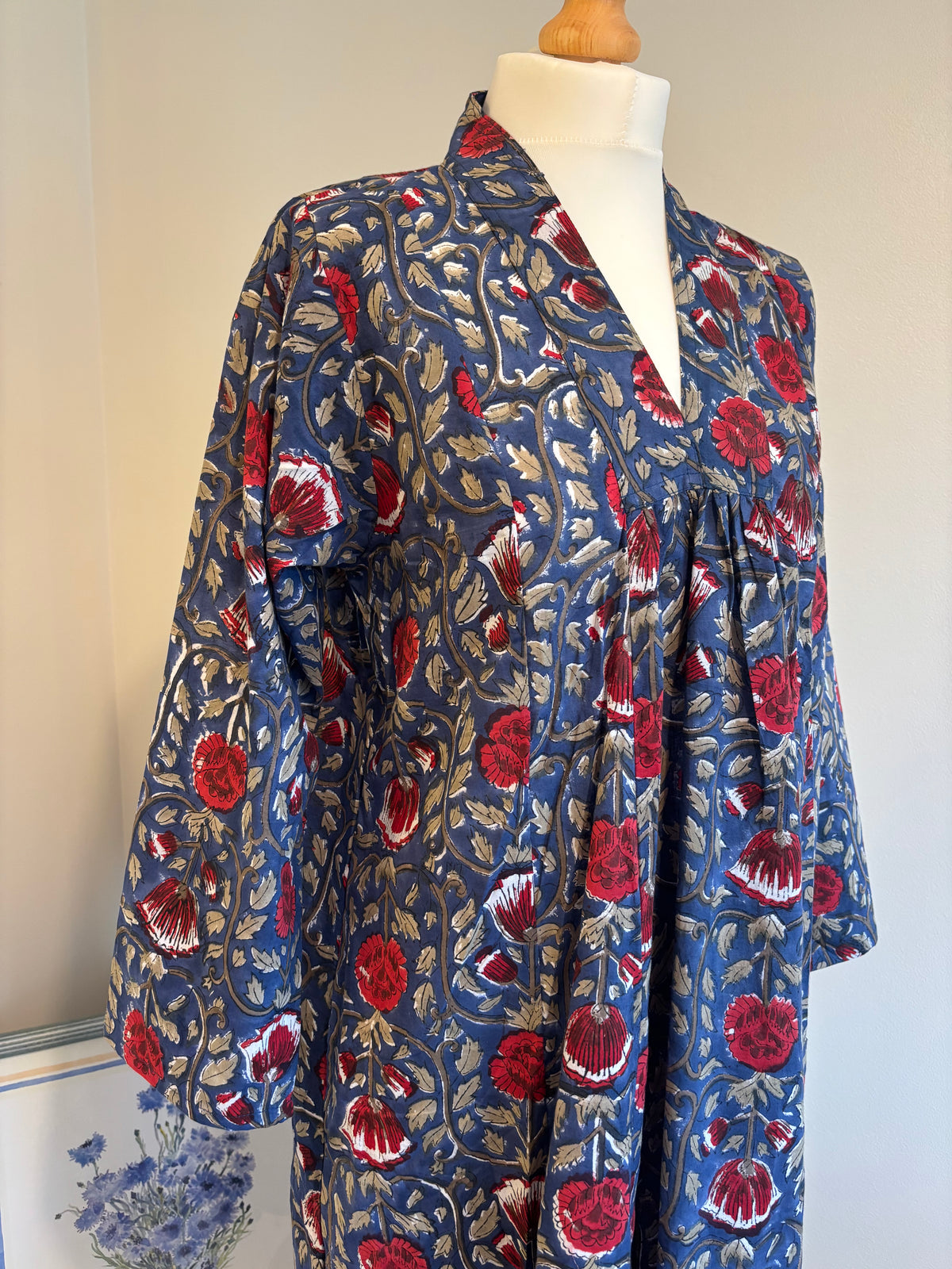 Rosie Block Print Cotton Dress in Vintage Navy Florals