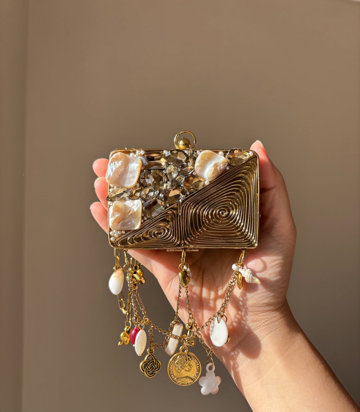 Beaded Charm Chain Minaudière | Statement Evening Bag with Coin & Shell Charms