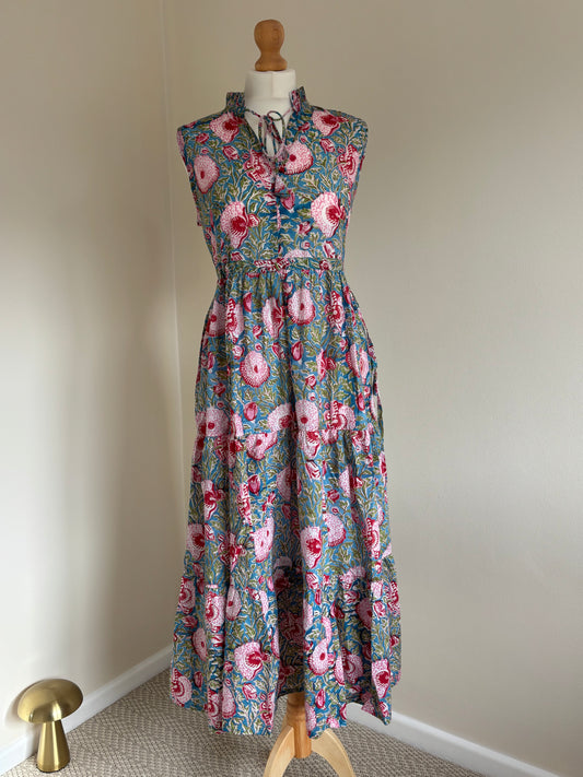 Poppy Sleeveless Block Print Cotton Dress in Florals