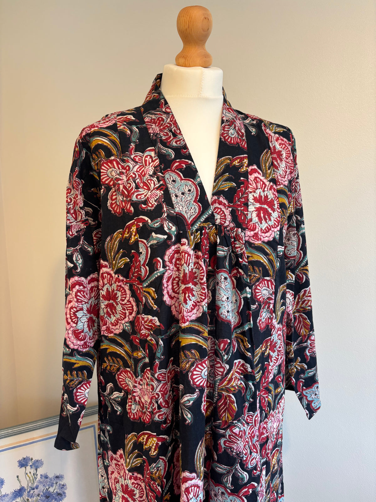 Rosie Block Print Cotton Dress in Red Florals