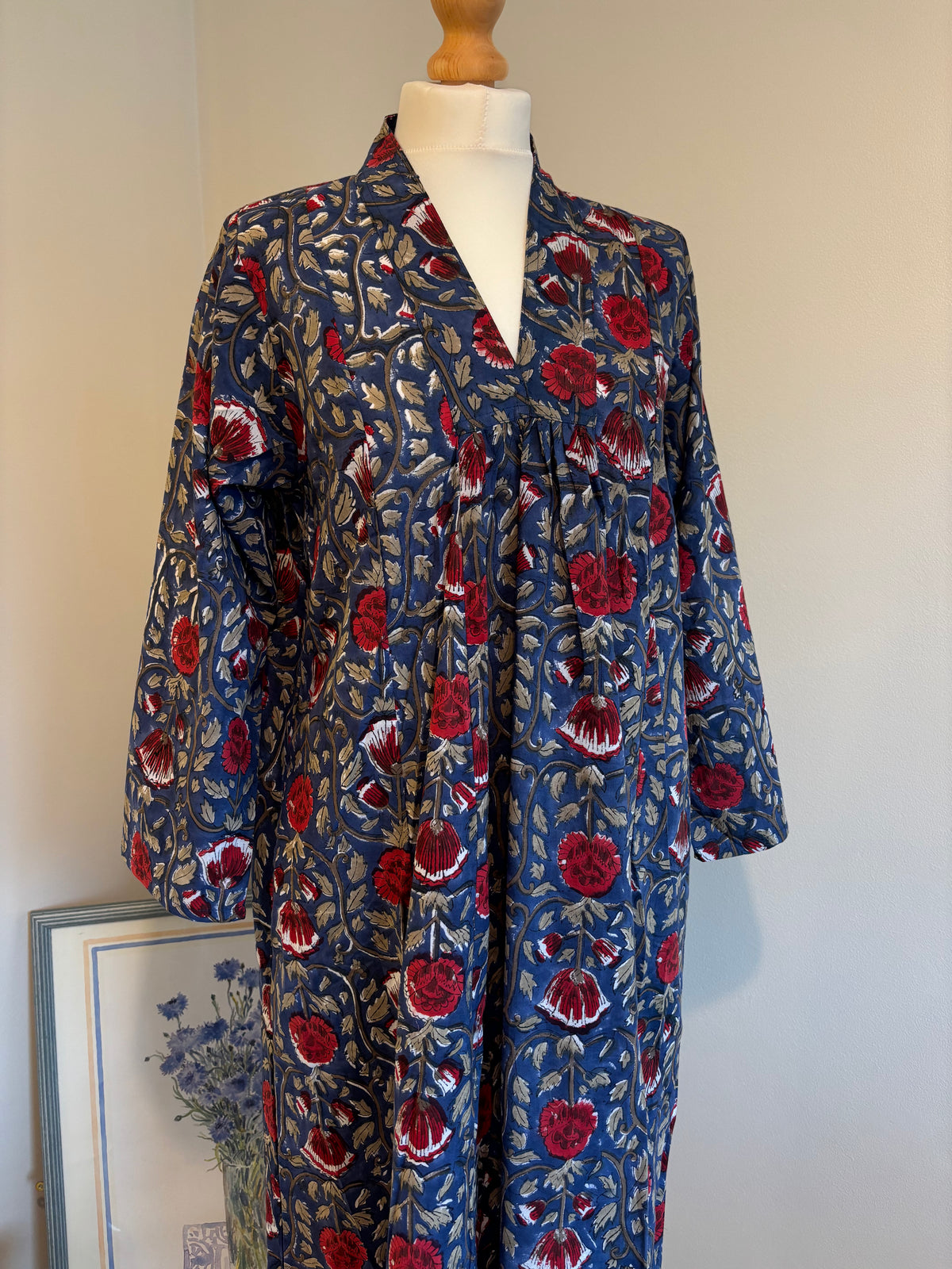Rosie Block Print Cotton Dress in Vintage Navy Florals
