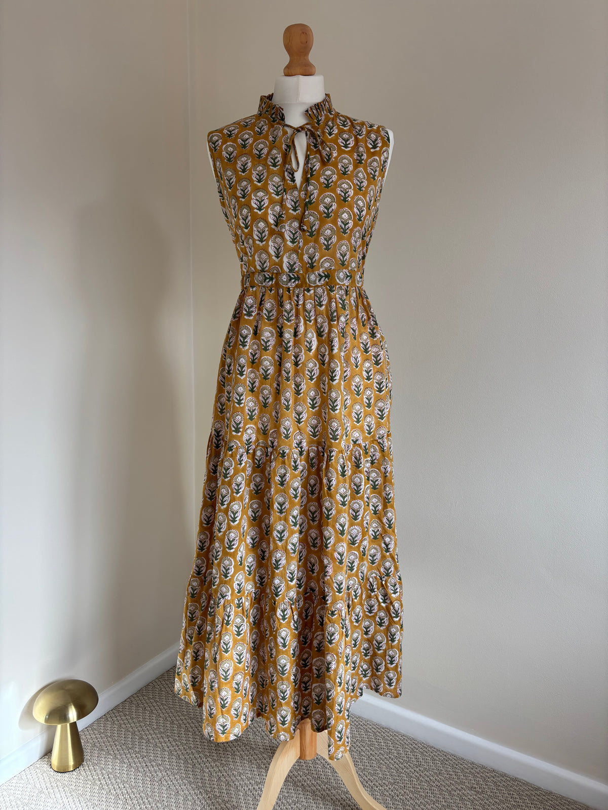 Poppy Sleeveless Block Print Cotton Dress in Mustard