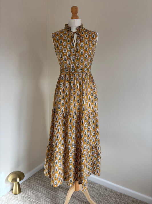 Poppy Sleeveless Block Print Cotton Dress in Mustard