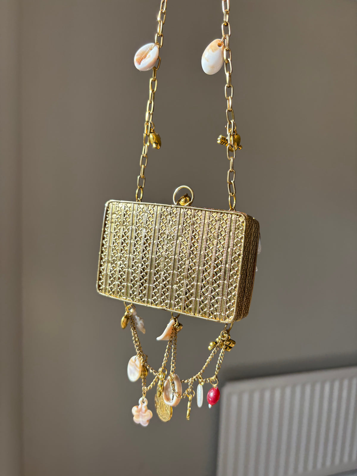 Beaded Charm Chain Minaudière | Statement Evening Bag with Coin & Shell Charms