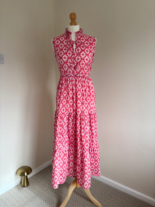 Poppy Sleeveless Block Print Cotton Dress in Pink