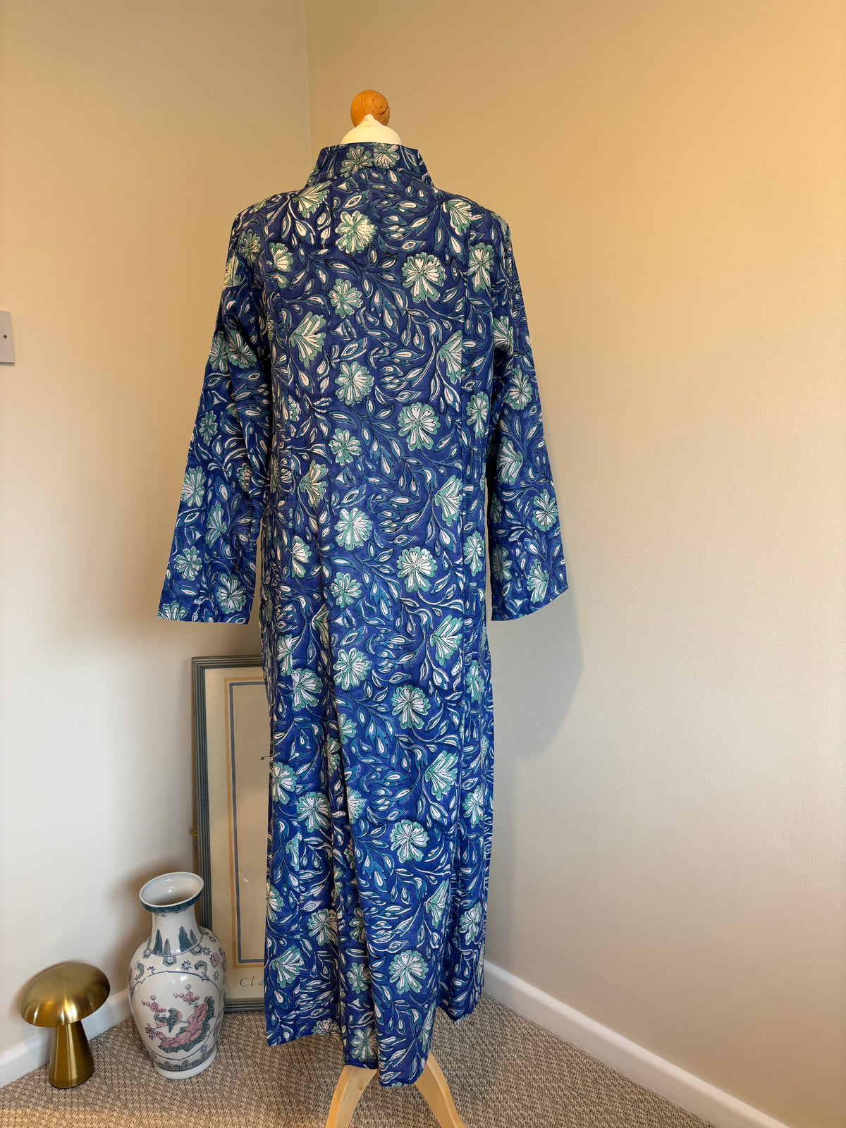 Rosie Block Print Cotton Dress in Blue Florals