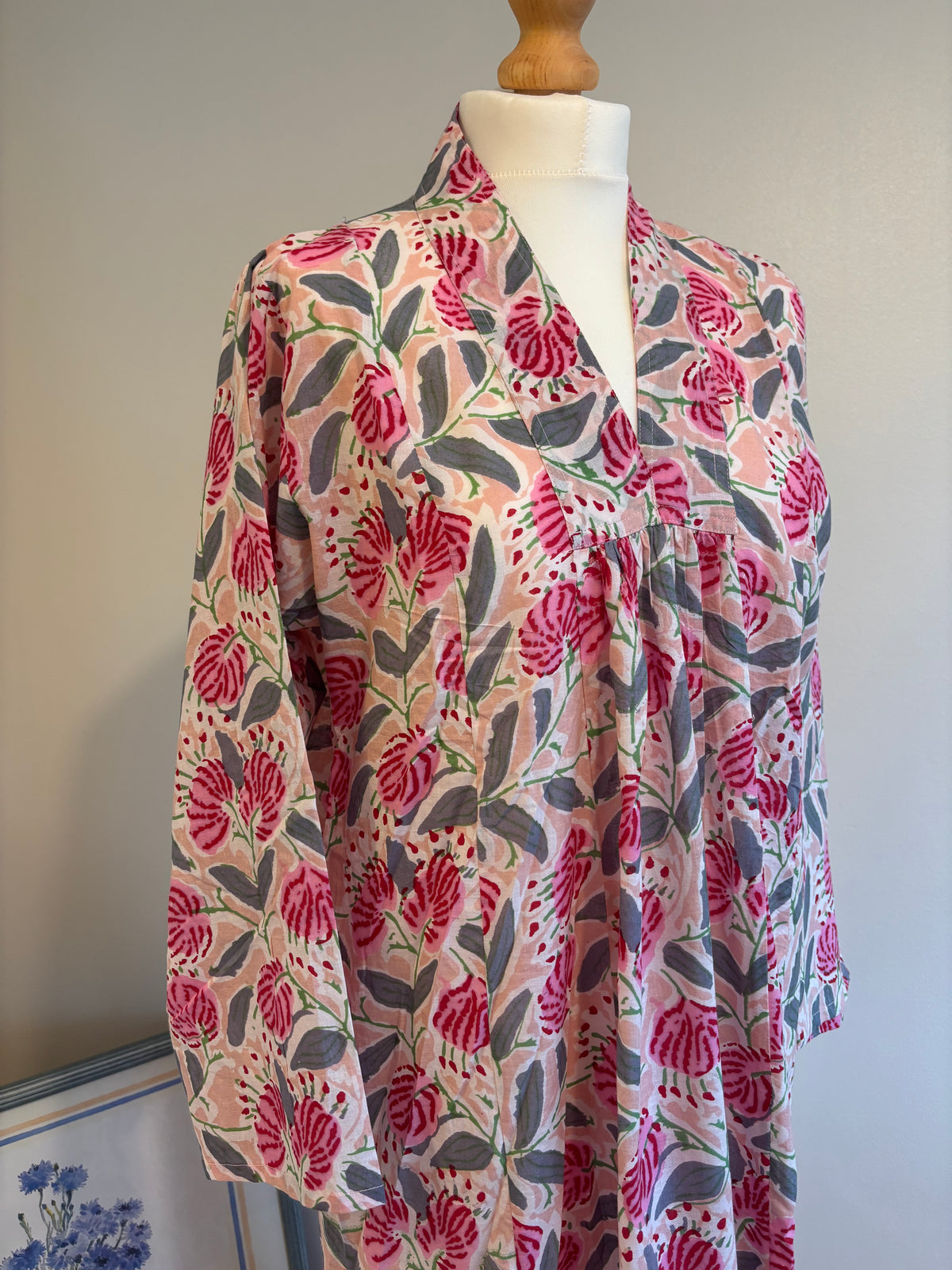 Rosie Block Print Cotton Dress in Peach